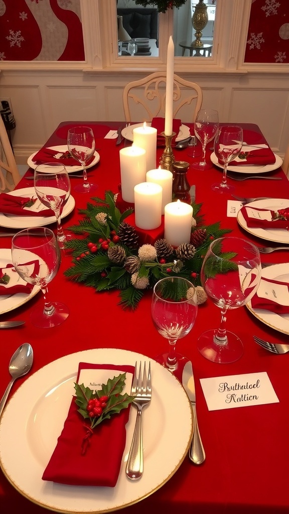 Elegant Christmas Table Settings with Name Cards An elegant Christmas table setting with red tablecloth, dinnerware, candles, and personalized name cards.